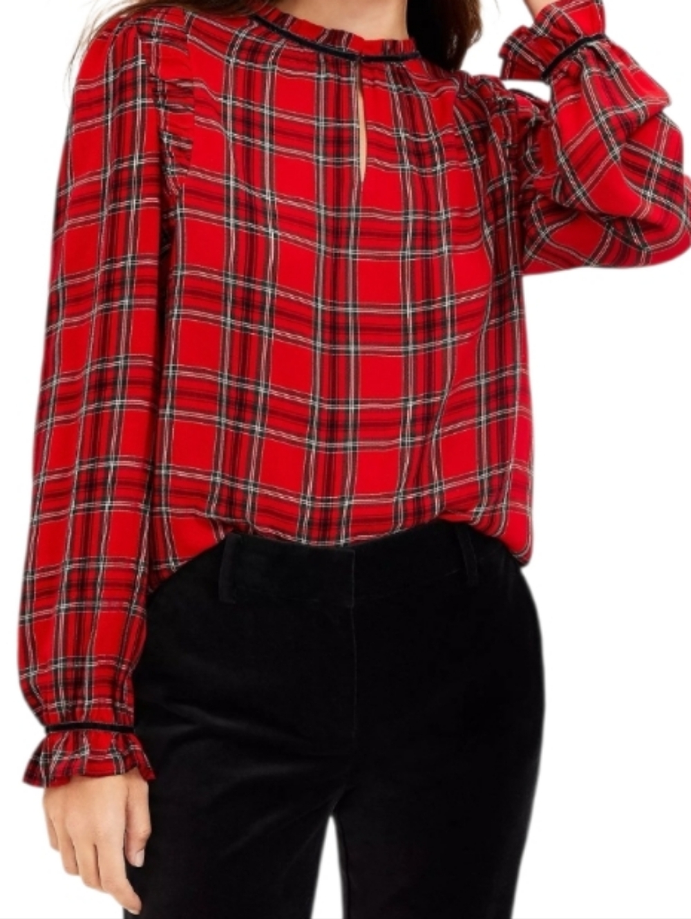 Loft Red Plaid Ruffle Sleeve Long Sleeve Blouse
